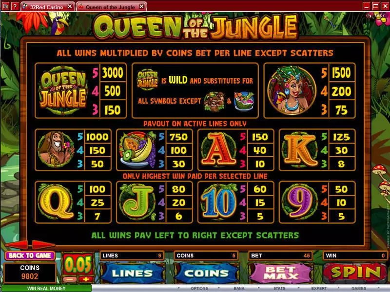 Info and Rules - Queen of the Jungle Microgaming Slots Game