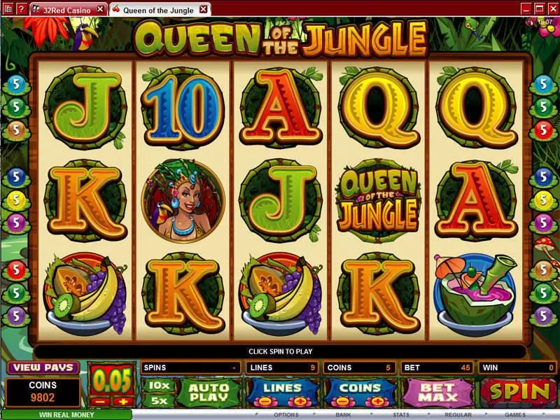 Main Screen Reels - Queen of the Jungle Microgaming Slots Game