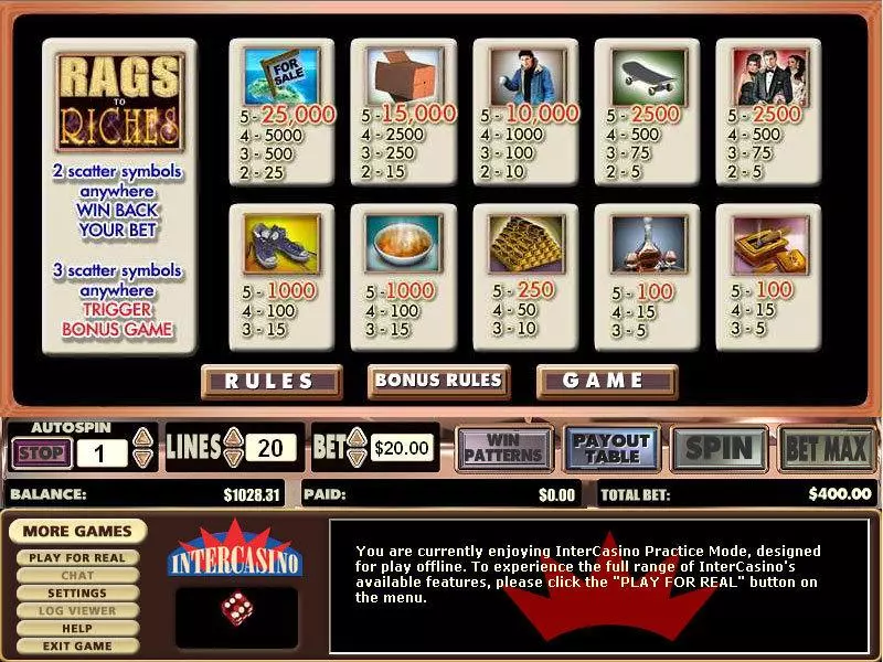 Info and Rules - Rags to Riches 20 Lines CryptoLogic Slots Game