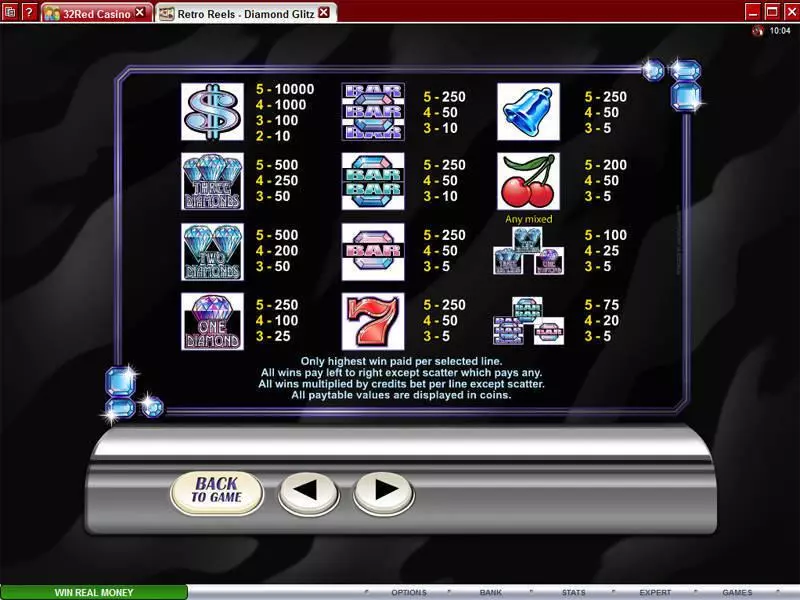 Info and Rules - Retro Reels - Diamond Glitz Microgaming Slots Game
