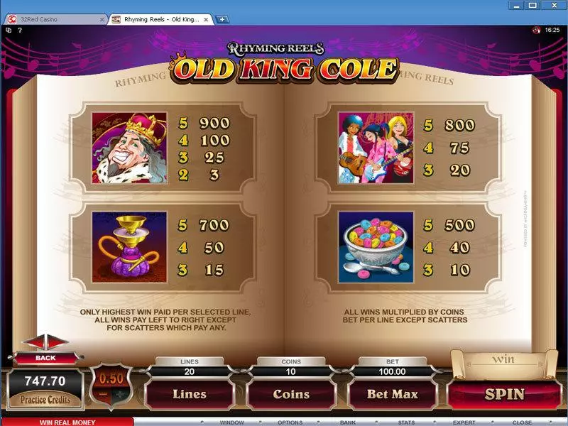 Info and Rules - Rhyming Reels - Old King Cole Microgaming Slots Game