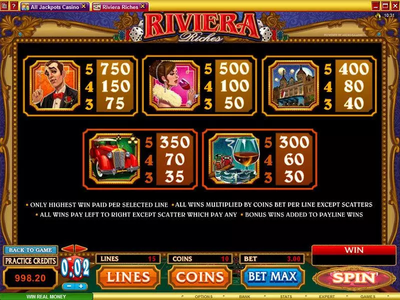 Info and Rules - Riviera Riches Microgaming Slots Game