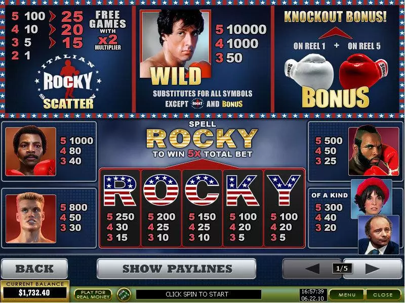 Info and Rules - Rocky PlayTech Slots Game