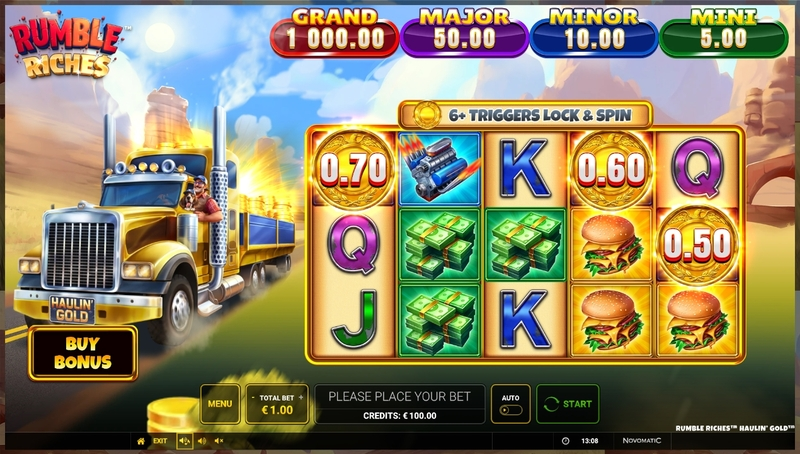 Main Screen Reels - Rumble Riches - Haulin Gold Greentube Slots Game