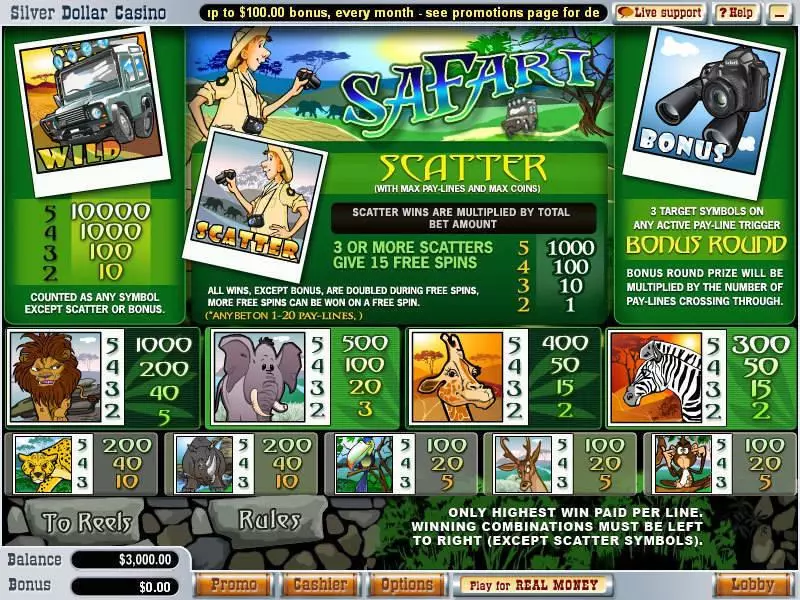 Info and Rules - Safari WGS Technology Slots Game
