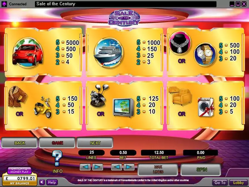 Info and Rules - Sale of the Century OpenBet Slots Game
