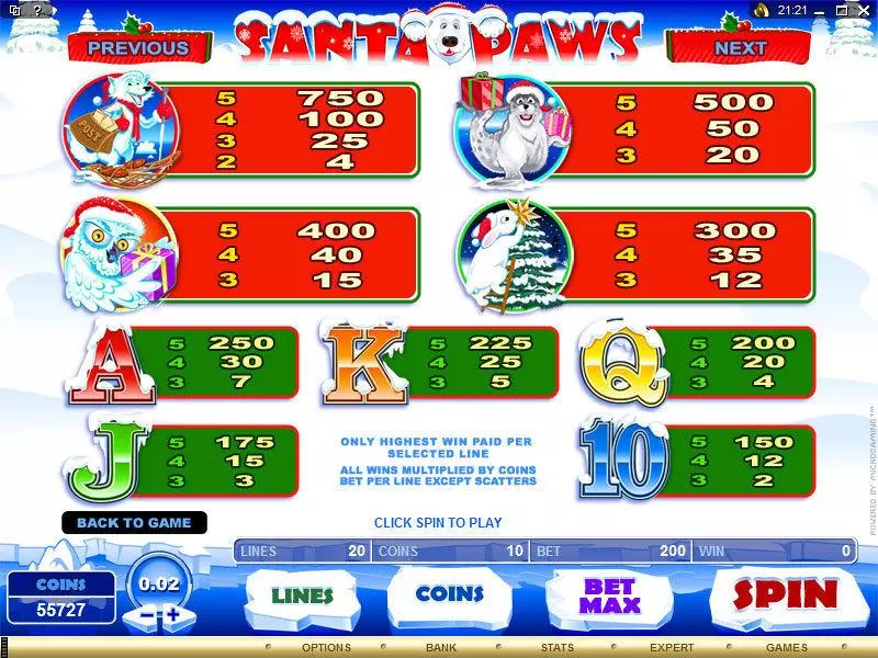 Info and Rules - Santa Paws Microgaming Slots Game