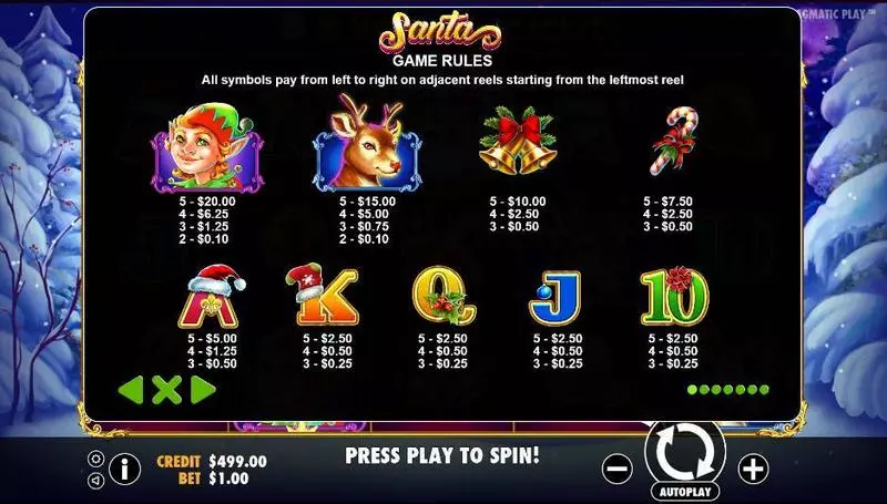 Paytable - Santa Pragmatic Play Slots Game