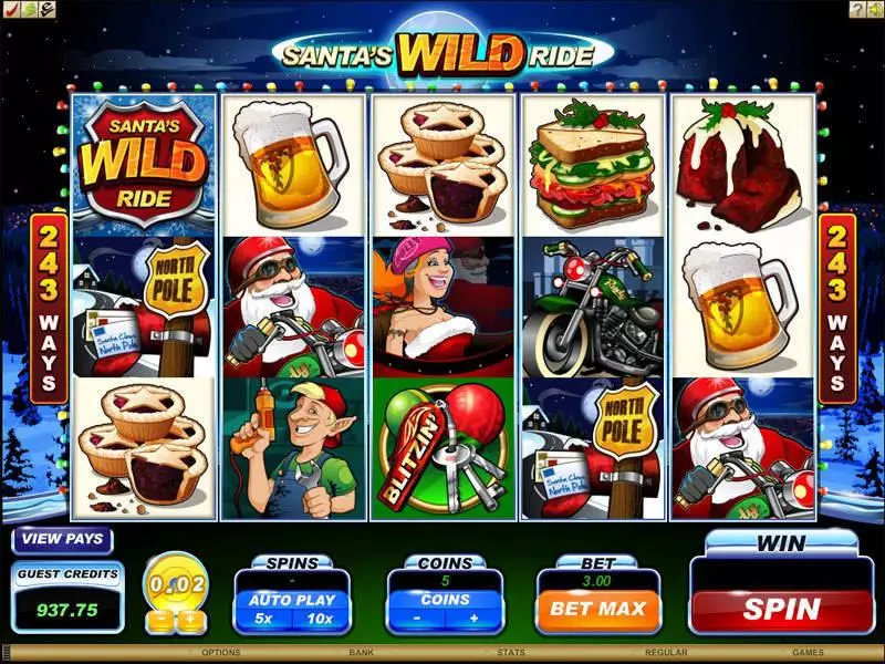 Main Screen Reels - Santa's Wild Ride Microgaming Slots Game