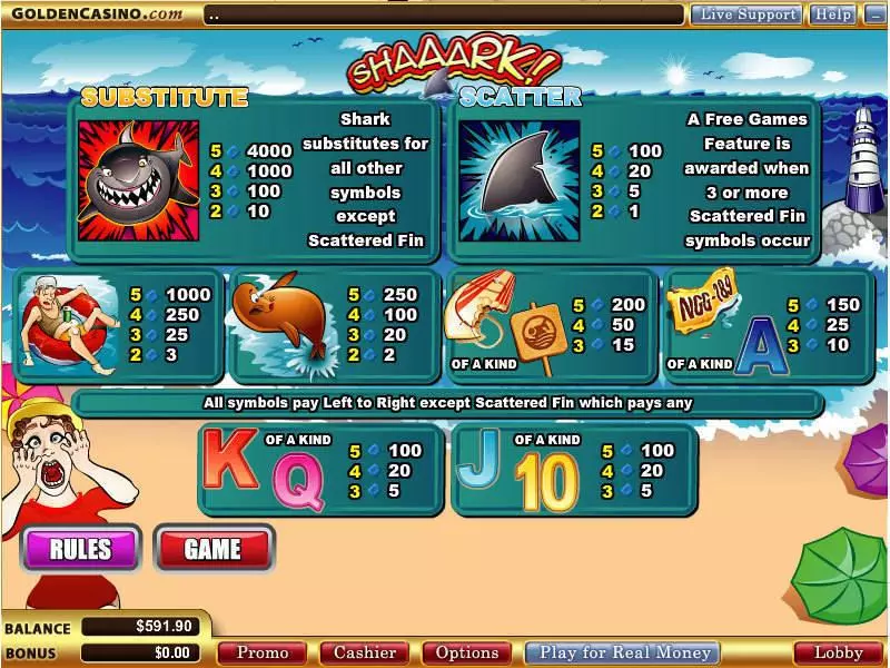 Info and Rules - Shaaark WGS Technology Slots Game