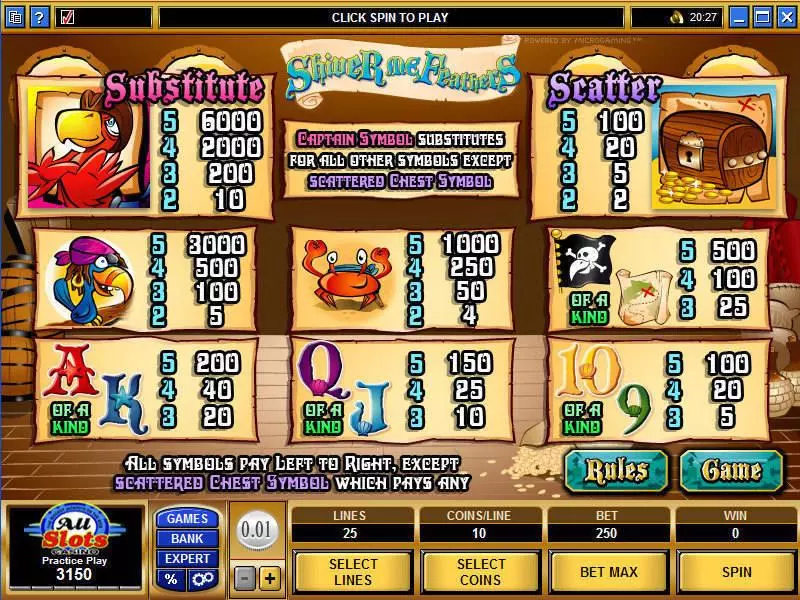Info and Rules - Shiver Me Feathers Microgaming Slots Game
