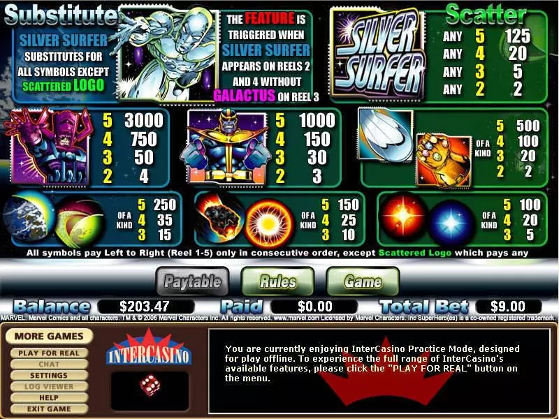 Info and Rules - Silver Surfer CryptoLogic Slots Game