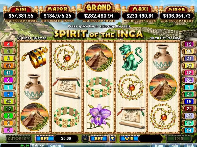 Main Screen Reels - Spirit Of The Inca RTG Slots Game