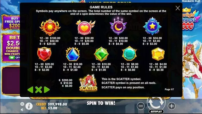 Paytable - Starlight Princess 1000 Pragmatic Play Slots Game