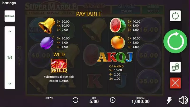 Paytable - Super Marble Booongo Slots Game