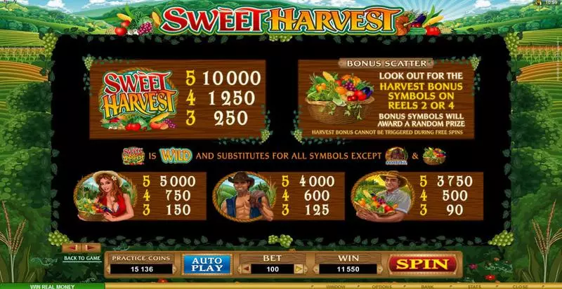 Info and Rules - Sweet Harvest Microgaming Slots Game