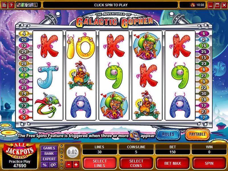 Main Screen Reels - The Adventures of the Galactic Gopher Microgaming Slots Game