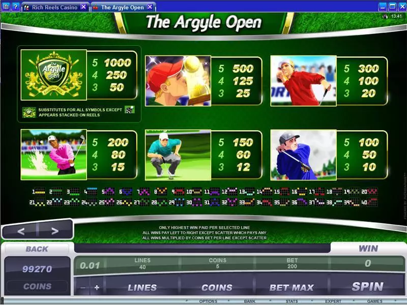 Info and Rules - The Argyle Open Microgaming Slots Game