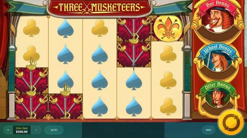 Main Screen Reels - Three Musketeers Red Tiger Gaming Slots Game