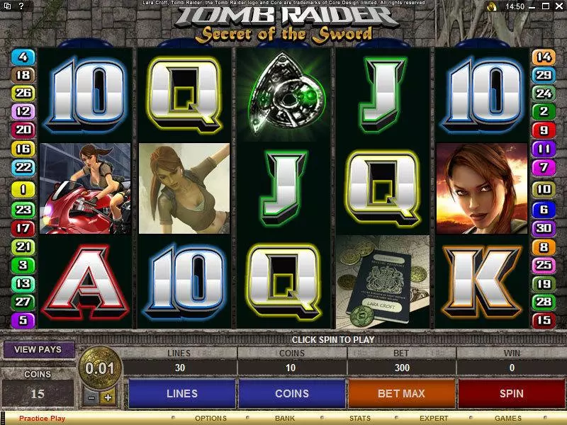 Main Screen Reels - Tomb Raider - Secret of the Sword Microgaming Slots Game
