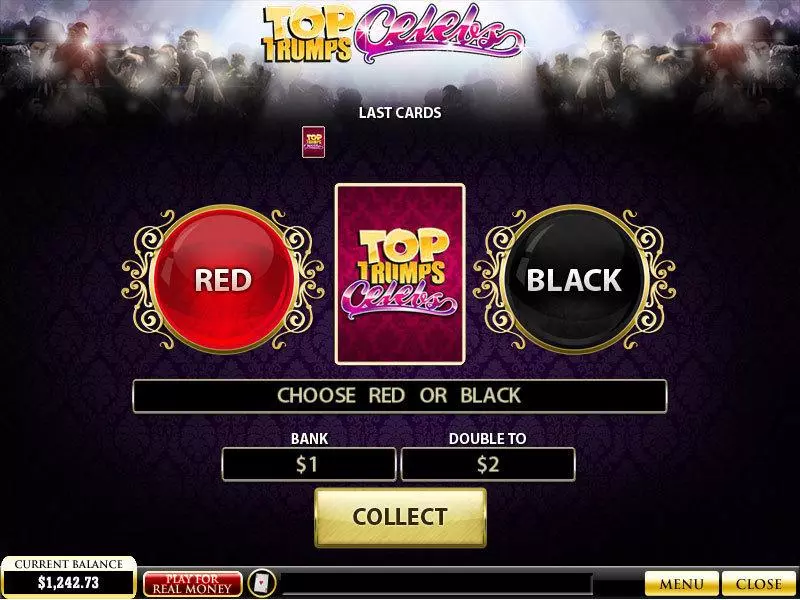 Gamble Screen - Top Trumps Celebs PlayTech Slots Game