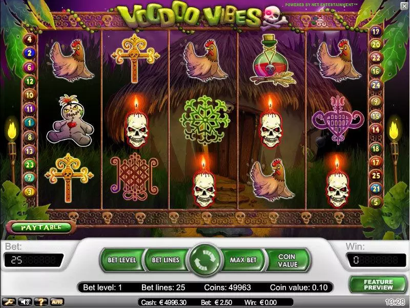 Main Screen Reels - Voodoo Vibes NetEnt Slots Game