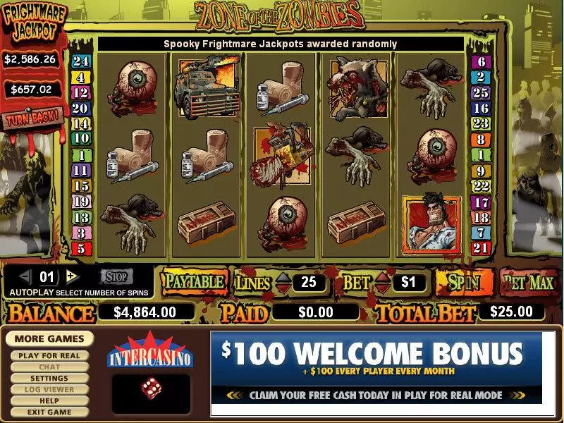 Main Screen Reels - Zone of Zombies CryptoLogic Slots Game